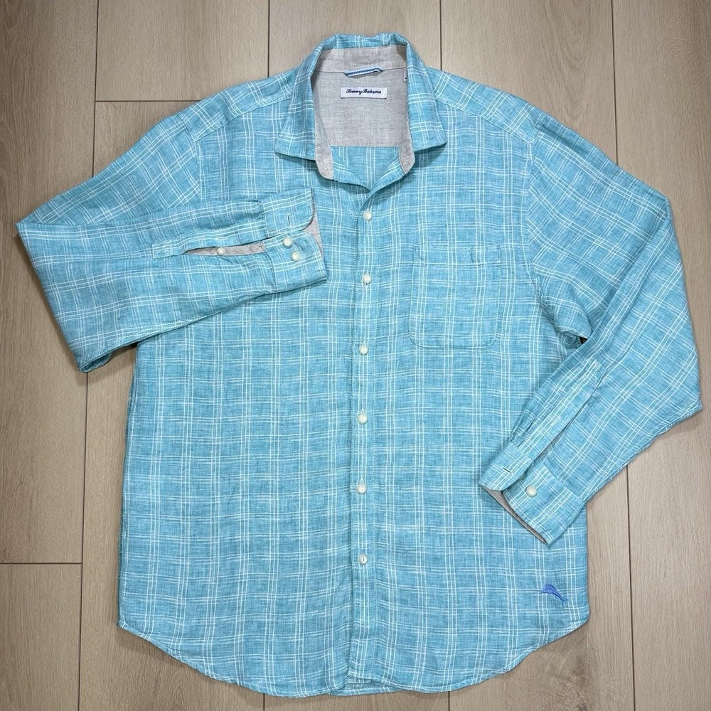Tommy Bahama Aqua Turquoise Linen Plaid‎ Button Shirt Men's L 100% Linen Casual